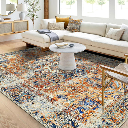 Boho Vintage Teppich Orange Kurzflor Rutschfest 120x170 cm waschbar