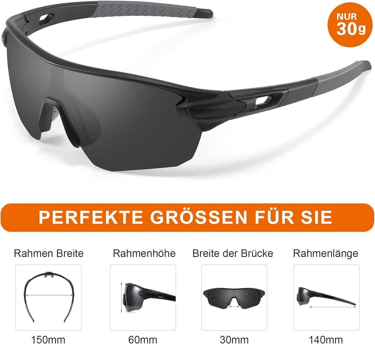 Sportbrille Polarisierte Sonnenbrille UV400 Schutz - Schwarz-Grau