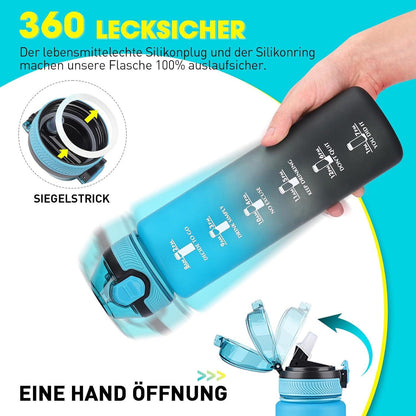 Sport Trinkflasche mit Stroh 1L Motivierend Zeitmarkierungen BPA-frei