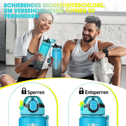 AOPREL Trinkflasche 1L mit Stroh, BPA-frei, Zeitmarkierungen, Auslaufsicher, Blau Schwarz