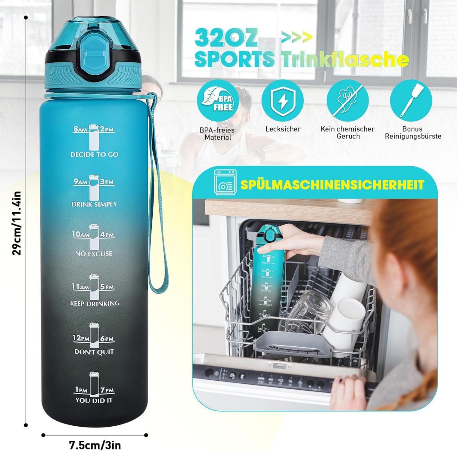 Sport Trinkflasche 1L mit Stroh Zeitmarkierung BPA-frei Blau Schwarz