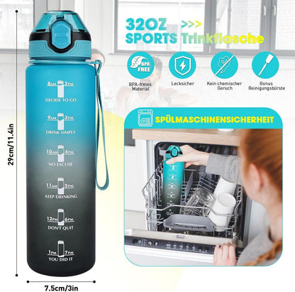 Sport Trinkflasche 1L mit Stroh Zeitmarkierung BPA-frei Blau Schwarz