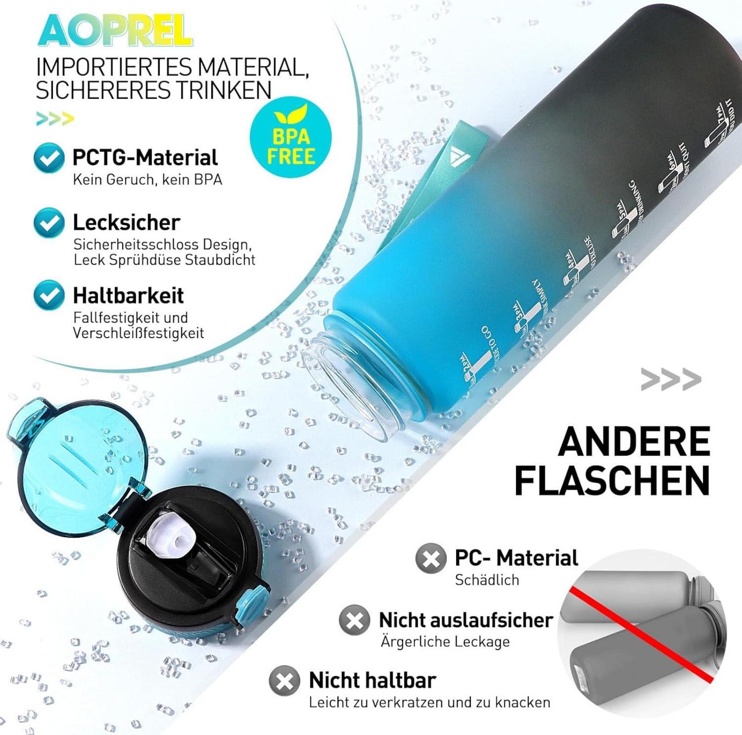 Trinkflasche 1L mit Strohhalm sportlich motivierend Zeitmarkierungen