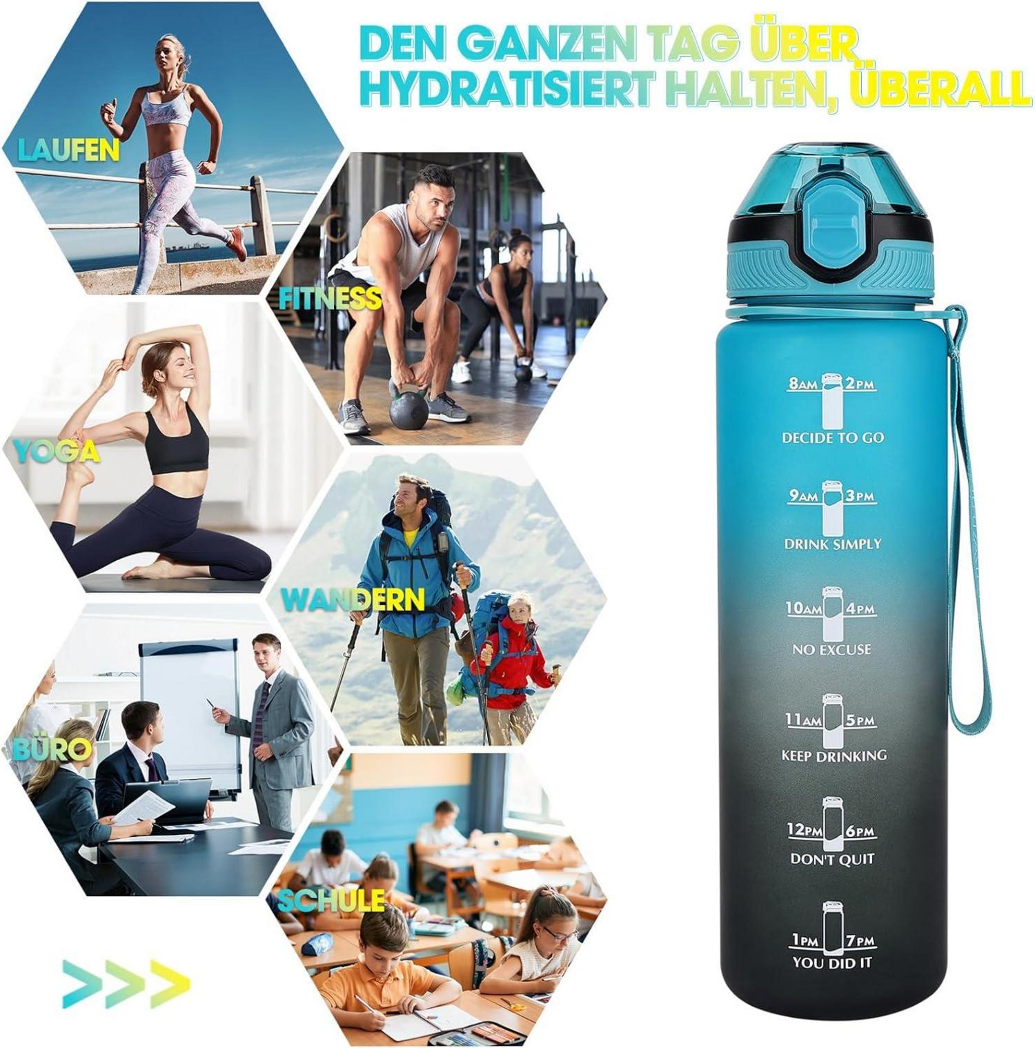 Sport Trinkflasche 1L mit Stroh Zeitmarkierung BPA-frei Blau Schwarz