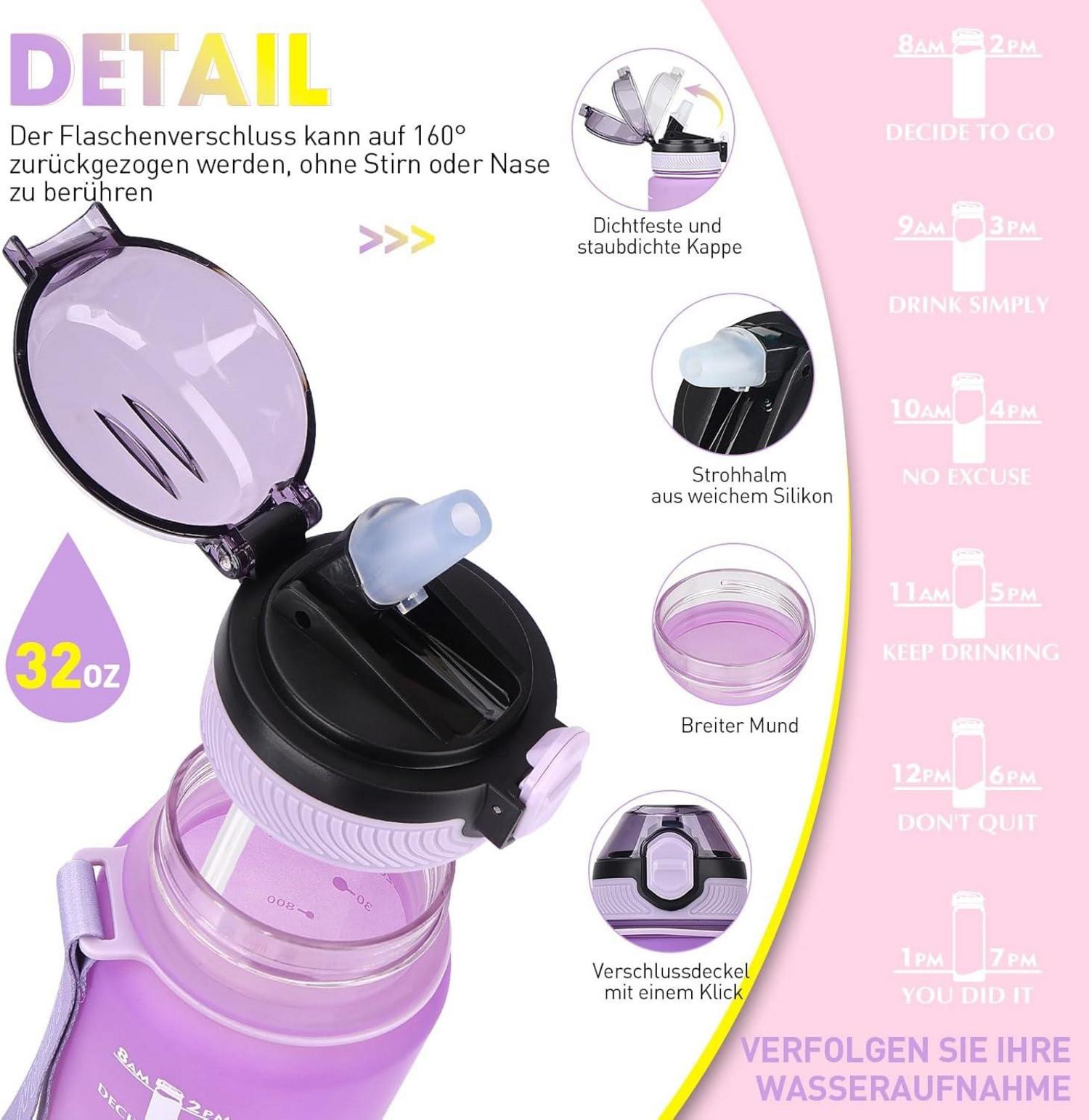 AOPREL Trinkflasche 1L mit Stroh und