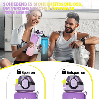 AOPREL Trinkflasche 1L mit Stroh, PCTG Sport Wasserflasche lila/rosa