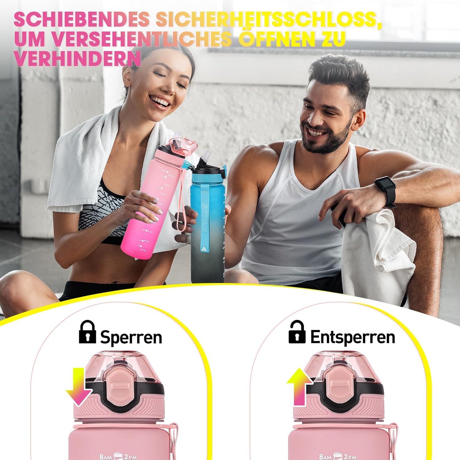Sport Trinkflasche 1L mit Strohhalm und Zeitmarkierungen