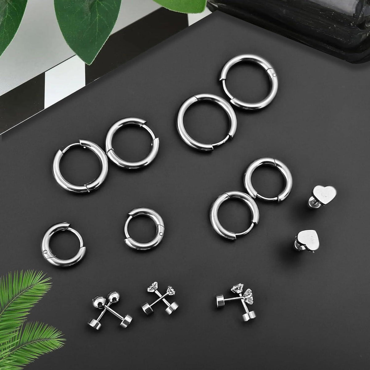 Damen Ohrringe Set 8 Paar Edelstahl Kreolen Ohrstecker Zirkonia Silber