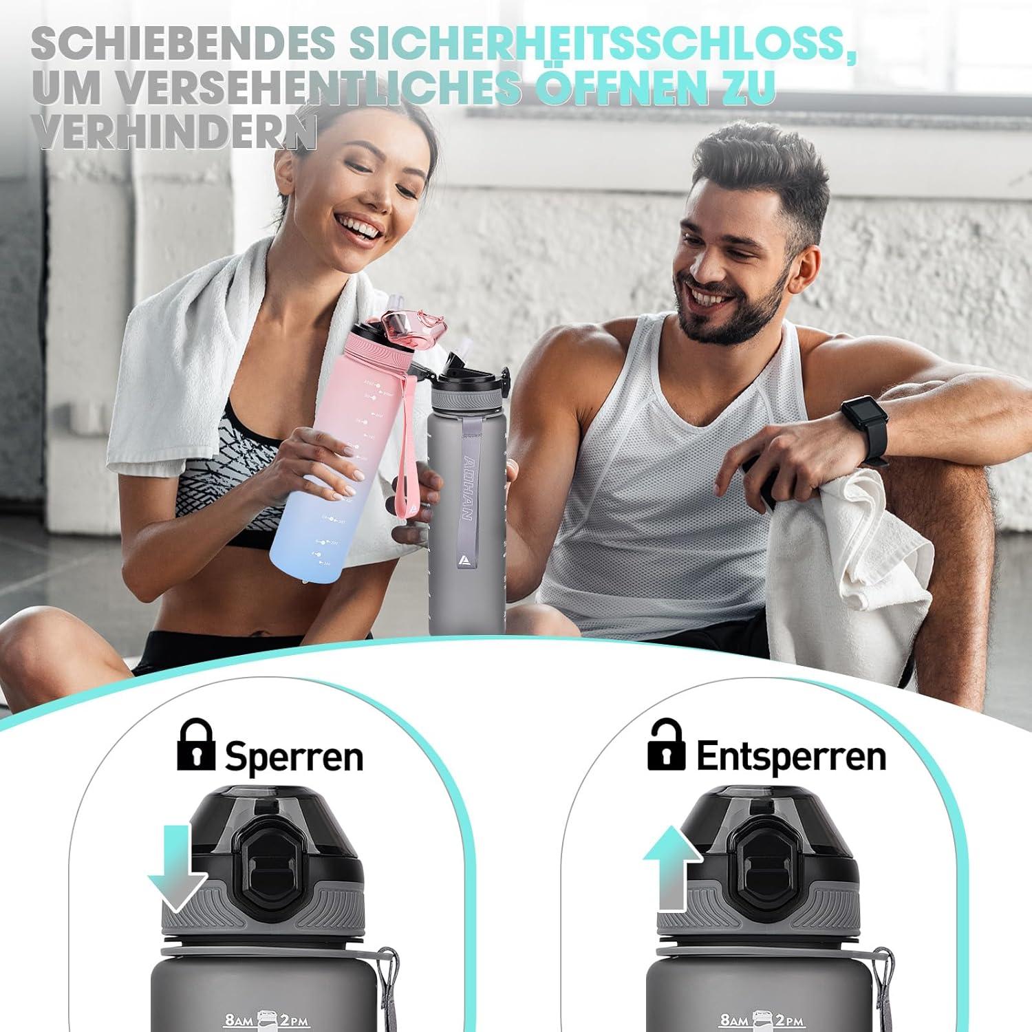 AOPREL Sport Trinkflasche 1L mit Strohhalm Grau