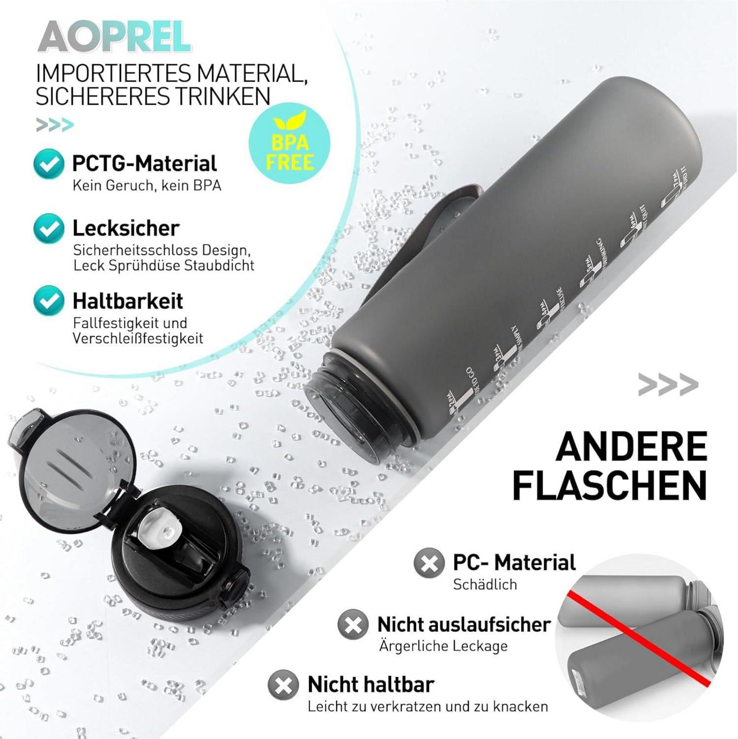 Sport Trinkflasche 1L mit Strohhalm, Zeitmarkierungen BPA-frei