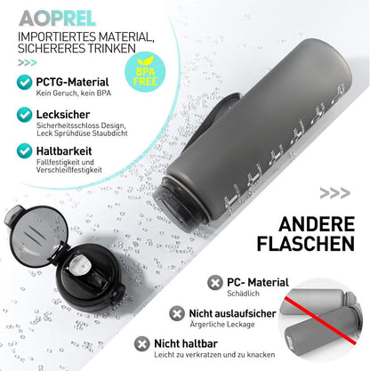 Sport Trinkflasche 1L mit Strohhalm, Zeitmarkierungen BPA-frei
