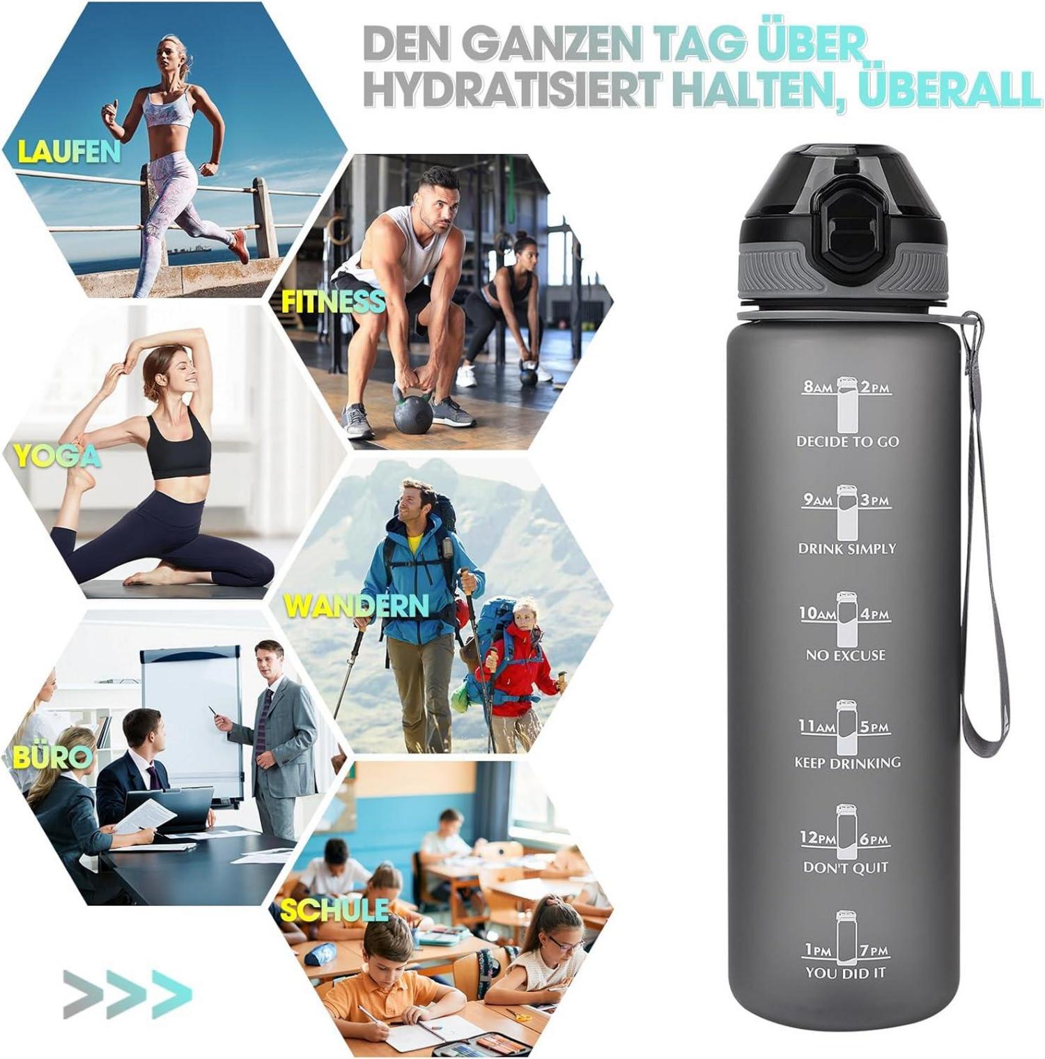 Sport Trinkflasche 1L mit Stroh & Zeitmarkierungen BPA-frei Sportflasche