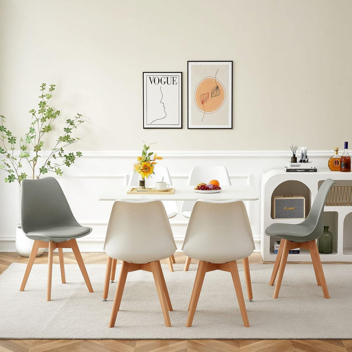 Esszimmergruppe für 6 Personen – Weißer Tisch & Grau/Weiß Stühle