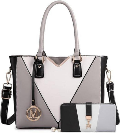 Große Damen Handtasche Grau Weiß V-förmiges Design
