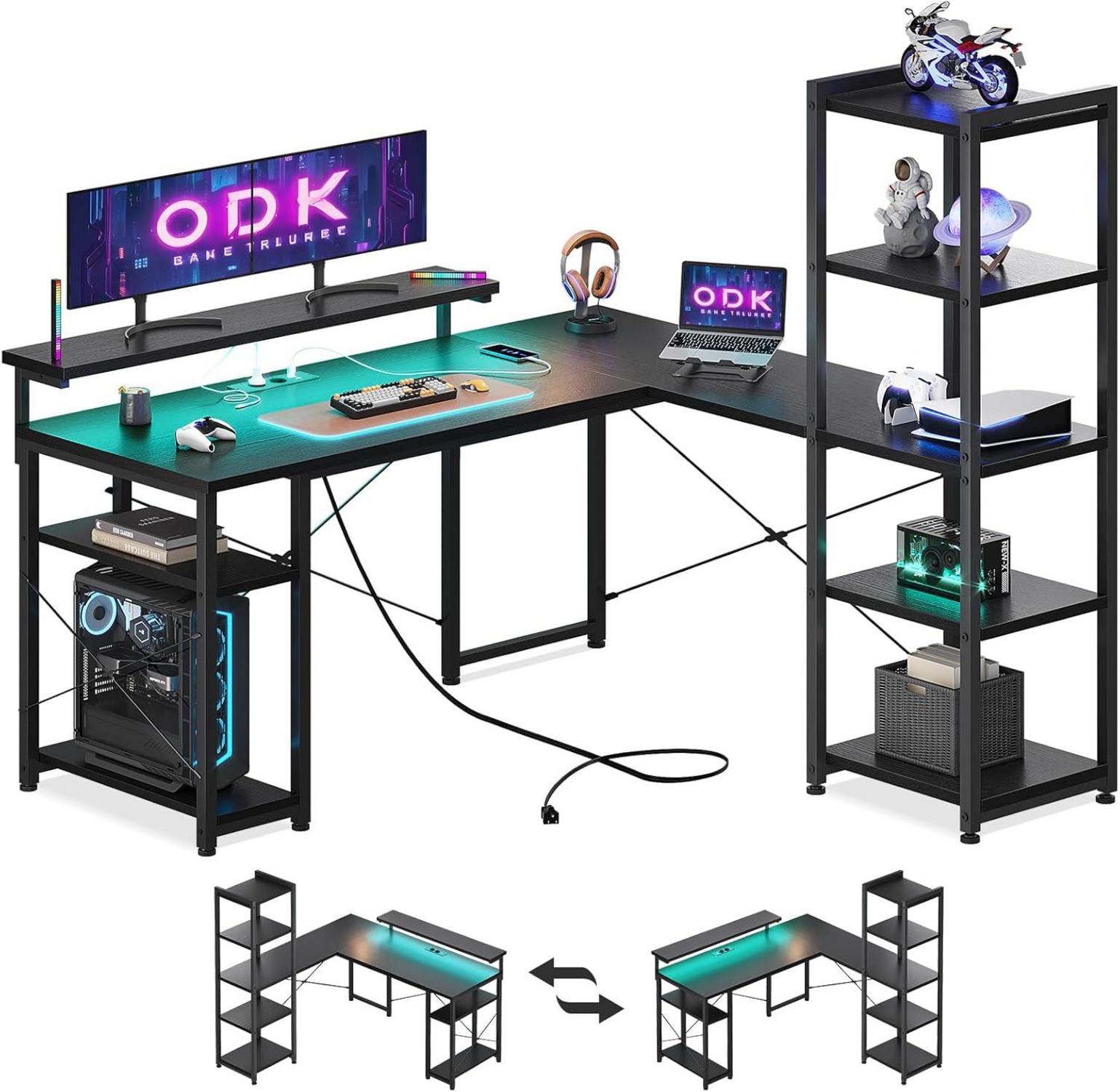 Gaming Schreibtisch LED 137x140cm mit Steckdosen USB Schwarz