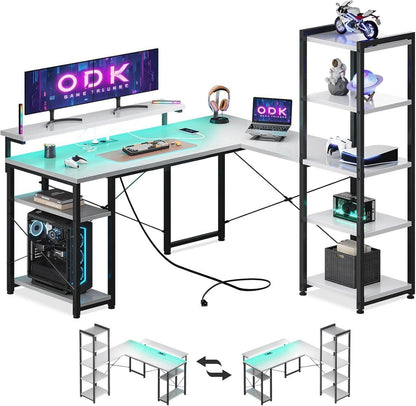 Weißer L-Form Schreibtisch LED USB Steckdosen Regal Kabelmanagement