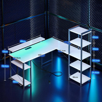 Weißer L-Form Schreibtisch LED USB Steckdosen Regal Kabelmanagement