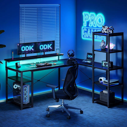 Gaming Schreibtisch LED 155x140cm L-Form Schwarz mit