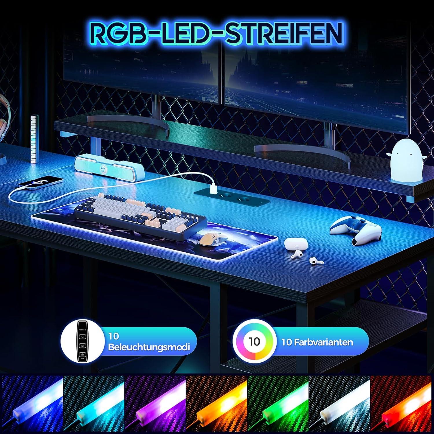 Gaming Tisch Schreibtisch LED 155x140cm Eckschreibtisch L-Form Schwarz