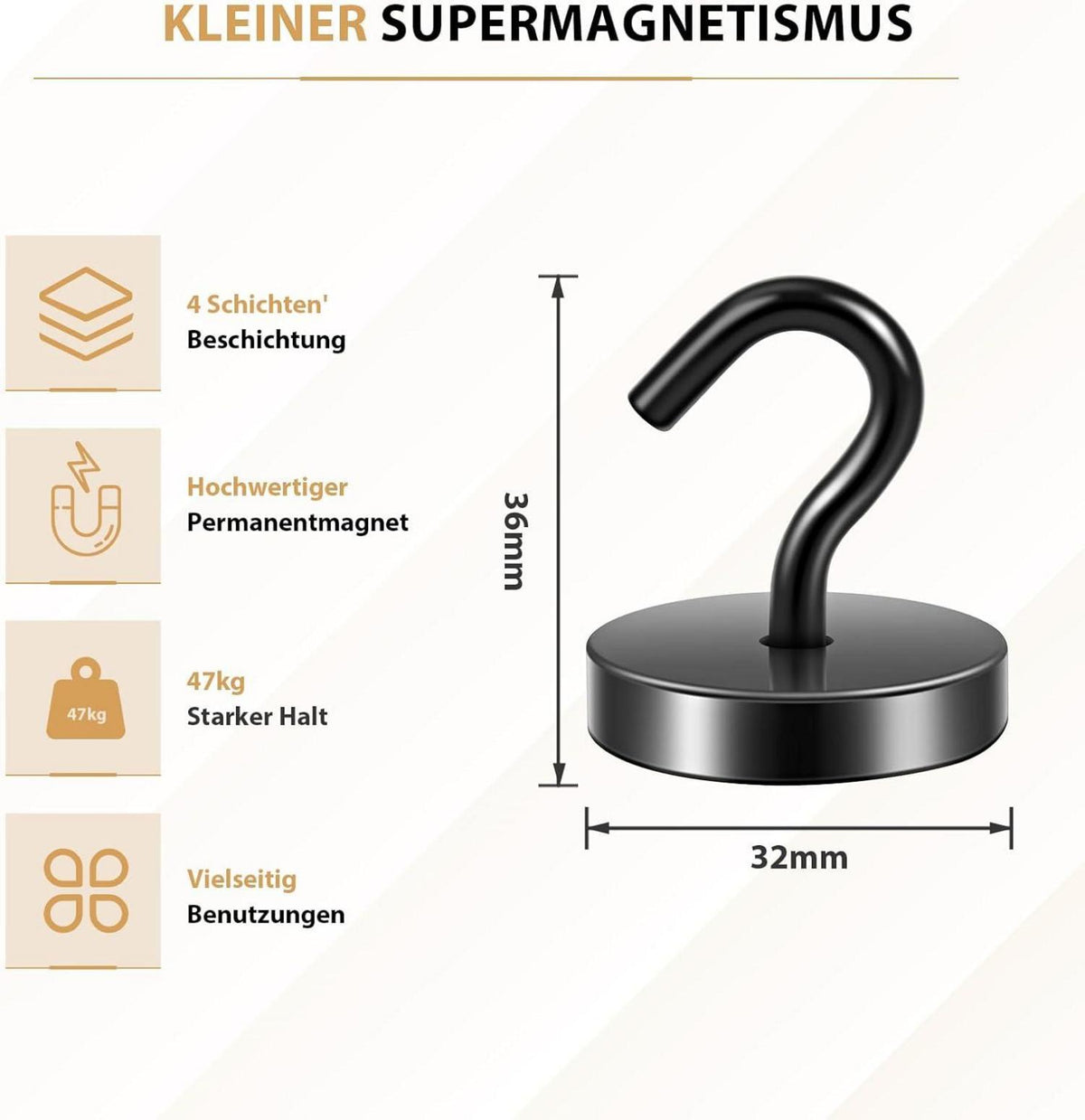 Neosmuk Magnethaken schwarz 47kg Extrastarker Magnet für Spind Organizer & Werkstatt