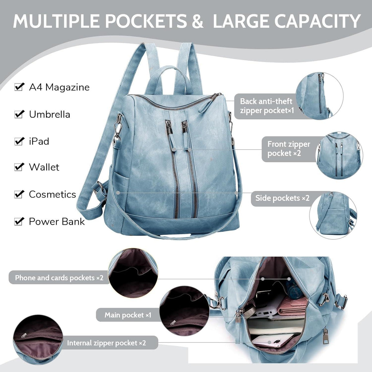 Puwuzixi Damen-Rucksack wasserdicht PU-Leder modisch 3-in-1 Mehrzweck Tasche