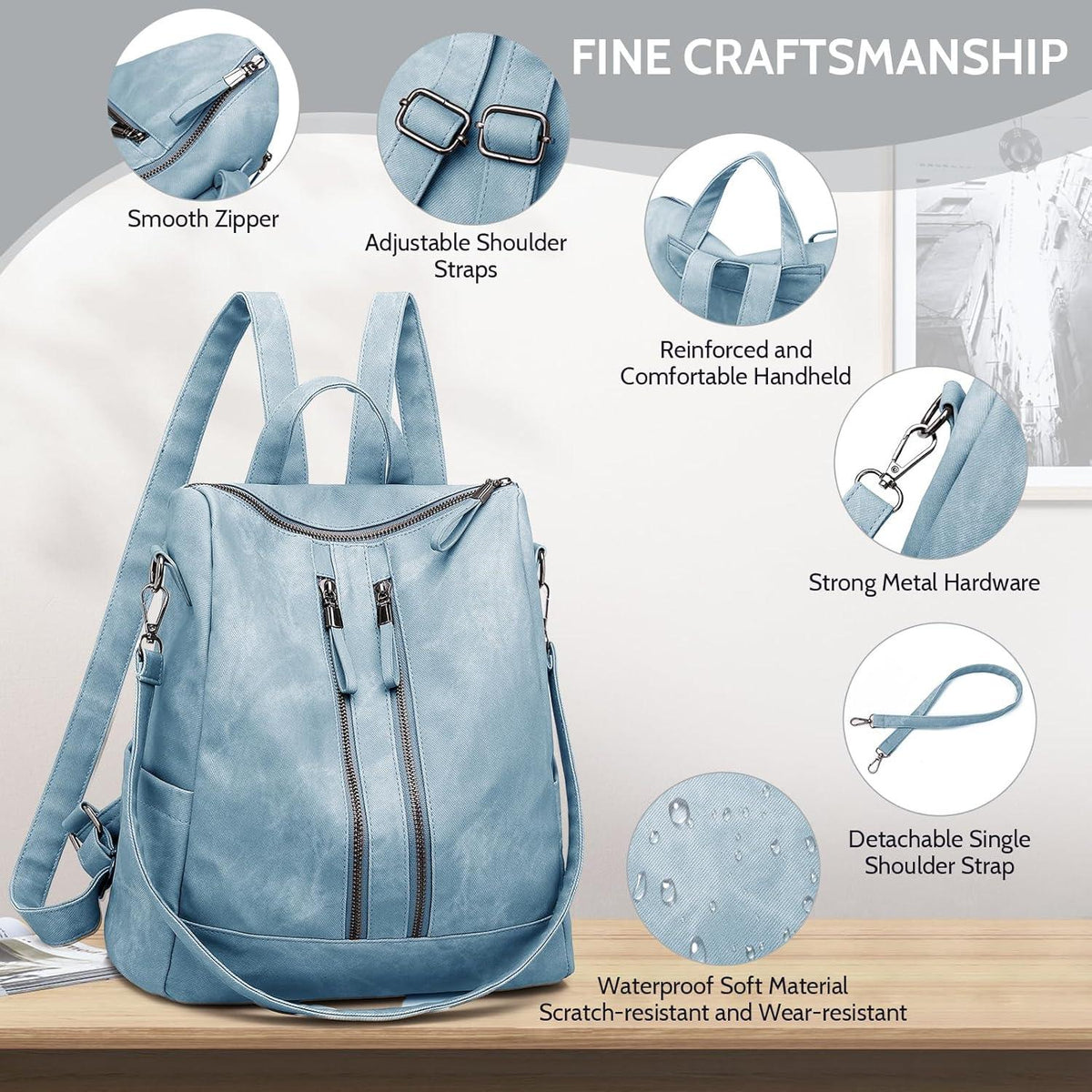 Damen-Rucksack wasserdicht PU-Leder Blau wandelbar Diebstahlsicher