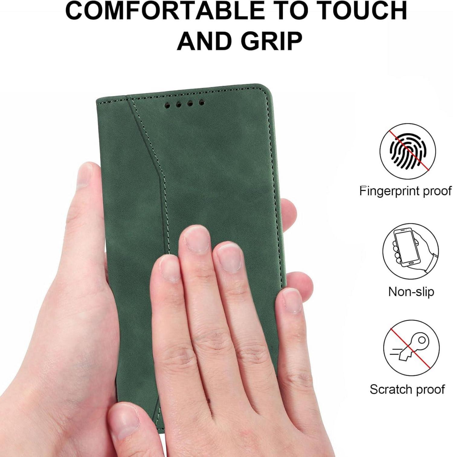 QHOHQ Samsung Galaxy A55 5G Handyhülle Leder Tasche Panzerfolie Grün