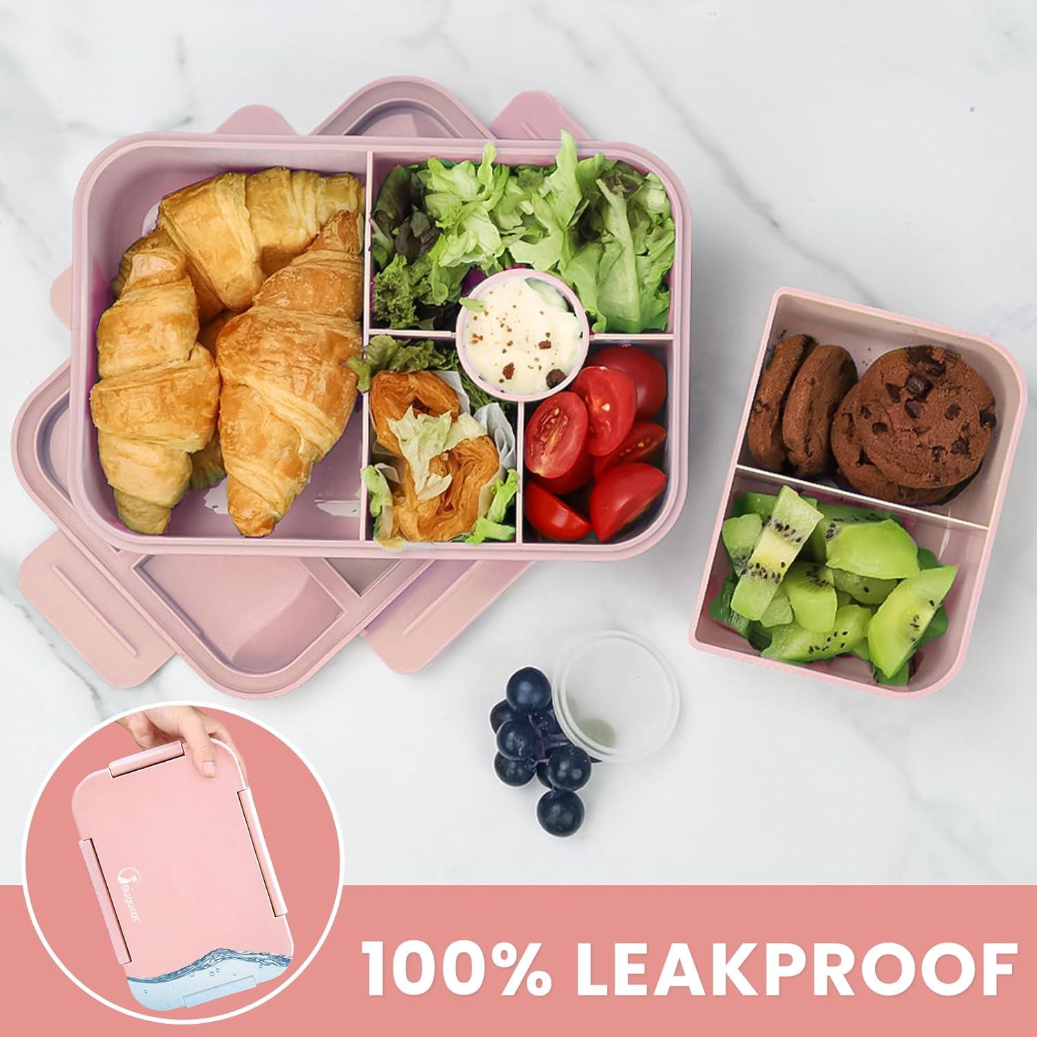 Bugucat Brotdose Kinder mit 5 Fächern 1300ML Lunchbox Auslaufsicher Bento Box mit Besteckset, Rosa