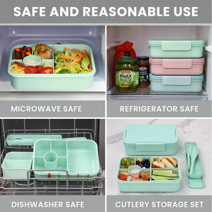 Bugucat Lunchbox Set, Kinder Brotdose mit 5 Fächern und Besteck, Bento Box 1300ML BPA-Frei