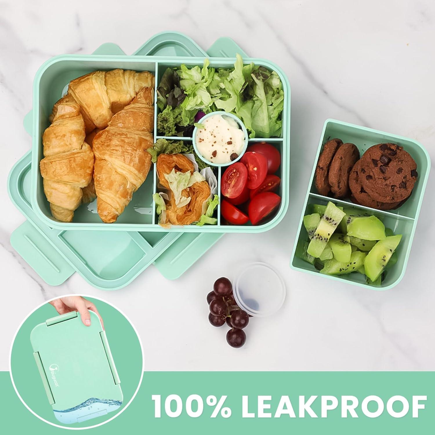 Bugucat Brotdose Kinder 1300ML 5 Fächer Auslaufsicher Lunchbox Besteckset Grün