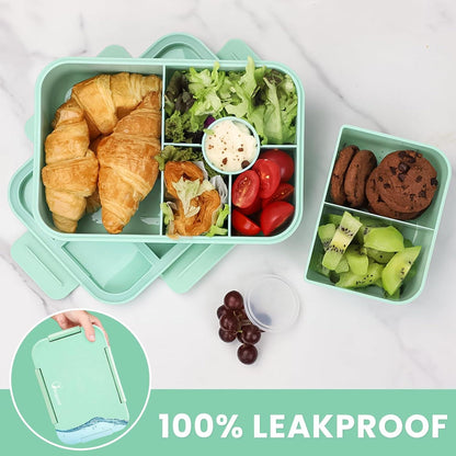 Bugucat Brotdose Kinder 1300ML 5 Fächer Auslaufsicher Lunchbox Besteckset Grün