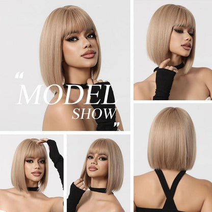Dunkelblonde Bob Perücke mit Pony Synthetisches Haar für