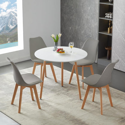 Runder Esstisch Set für 4 Personen – Weißer Tisch & Grau Stühle