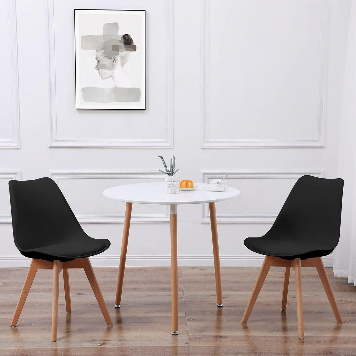 Runder Esstisch Set für 2 Personen – Weißer Tisch + 2 Schwarz Stühle