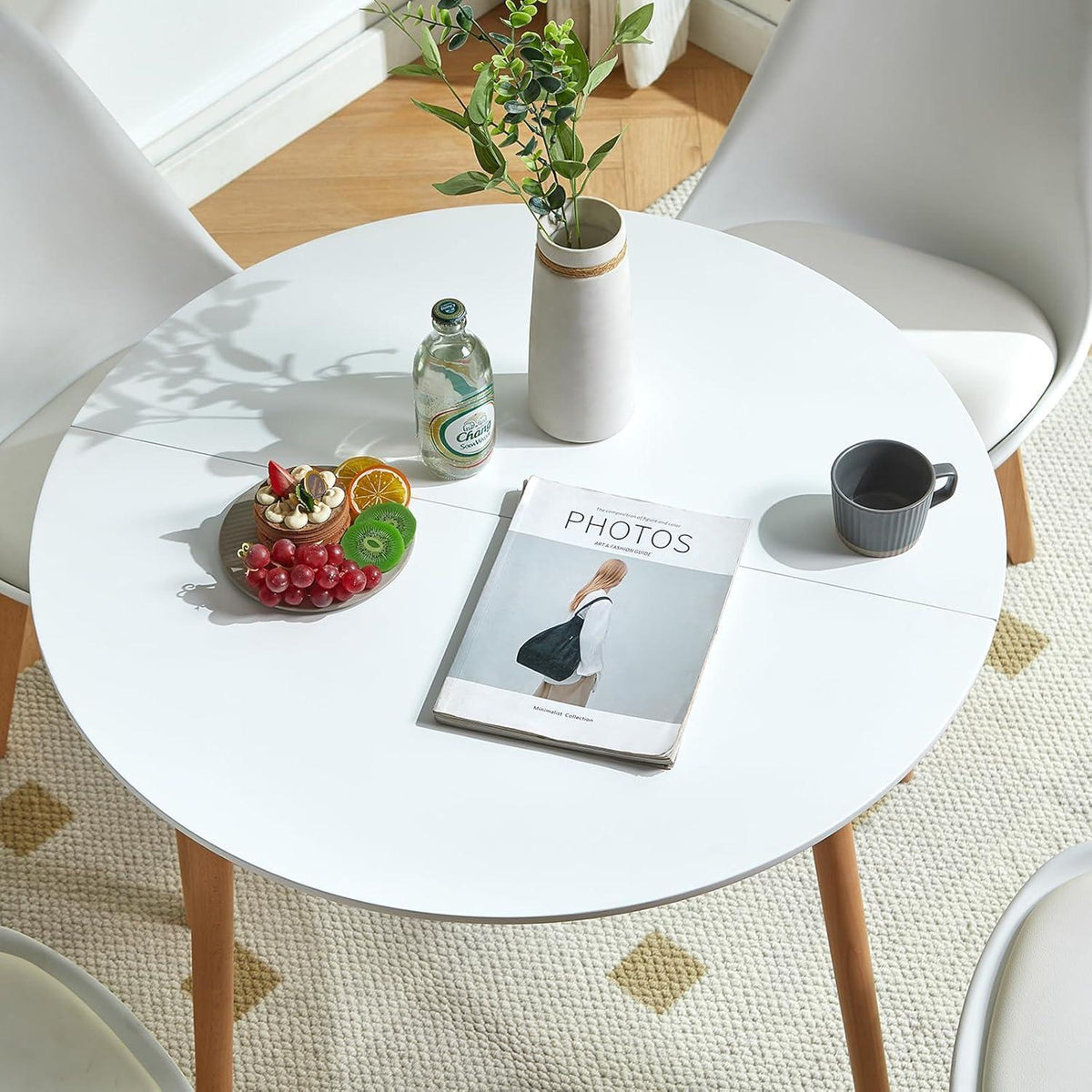 Runder Esstisch Set für 2 Personen – Weißer Tisch + 2 Schwarz Stühle