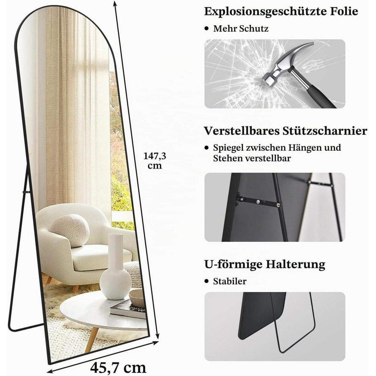 Gewölbter Ganzkörperspiegel Schwarz – Stehspiegel 147x44cm