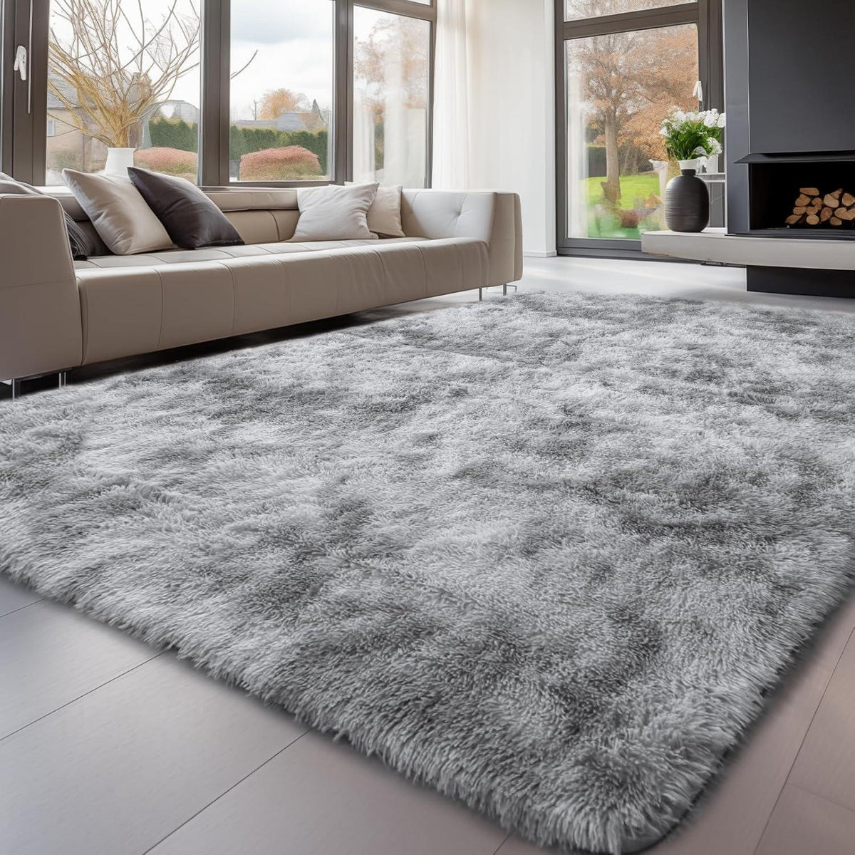 Hochflor Teppich Grau 140x200 – Flauschiger Wohnzimmerteppich Waschbar