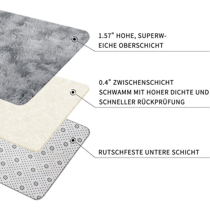 Hochflor Teppich Grau 140x200 – Flauschiger Wohnzimmerteppich Waschbar