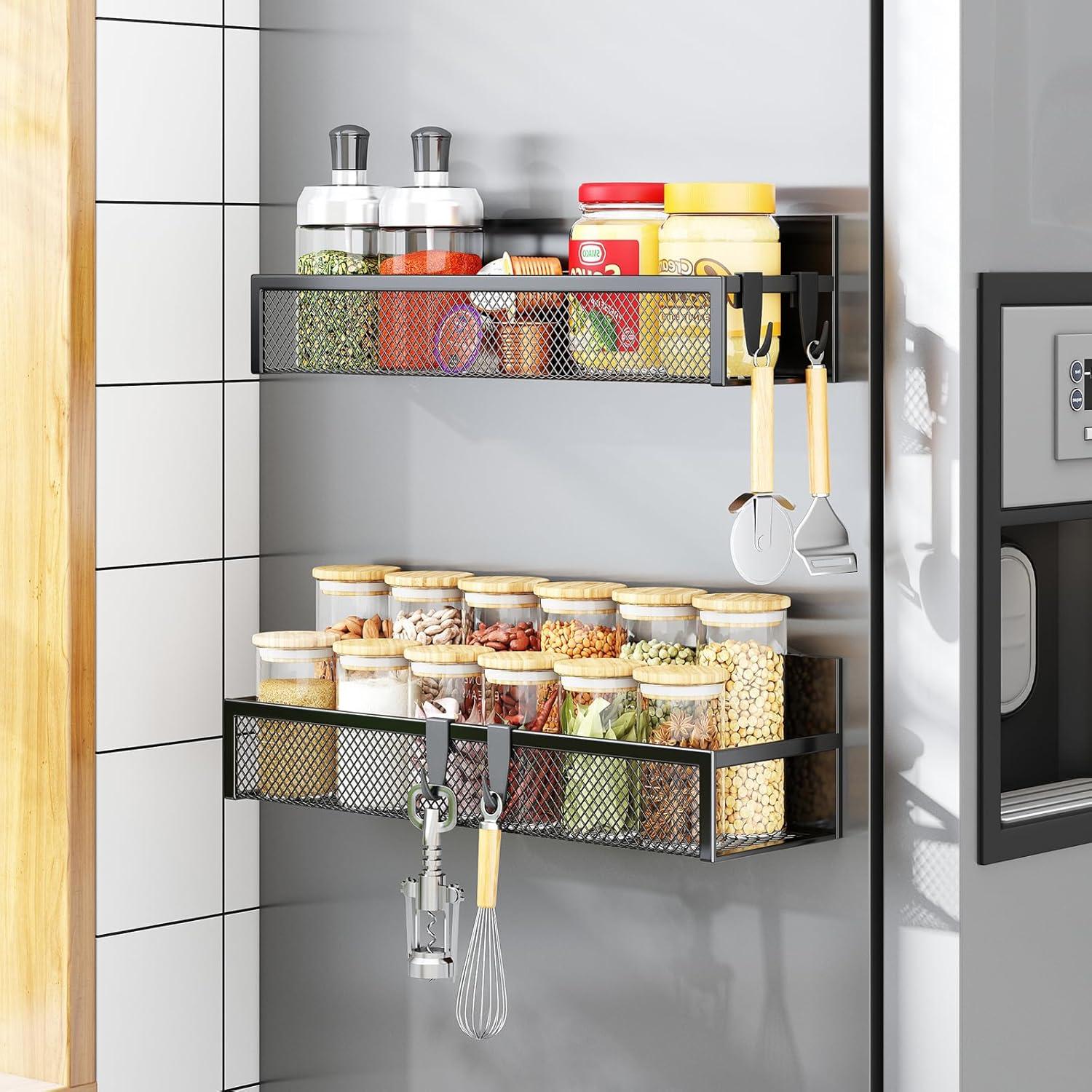 Magnetisches Gewürzregal für Kühlschrank, 2er Pack Magnetregal mit beweglichen Haken