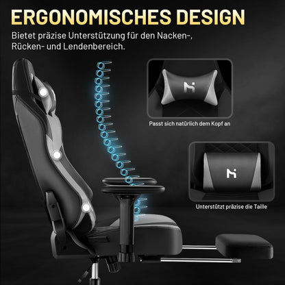 Ergonomischer Gaming Stuhl mit verstellbarer Rückenlehne, Kopfstütze und Lendenkissen - Grau/Schwarz