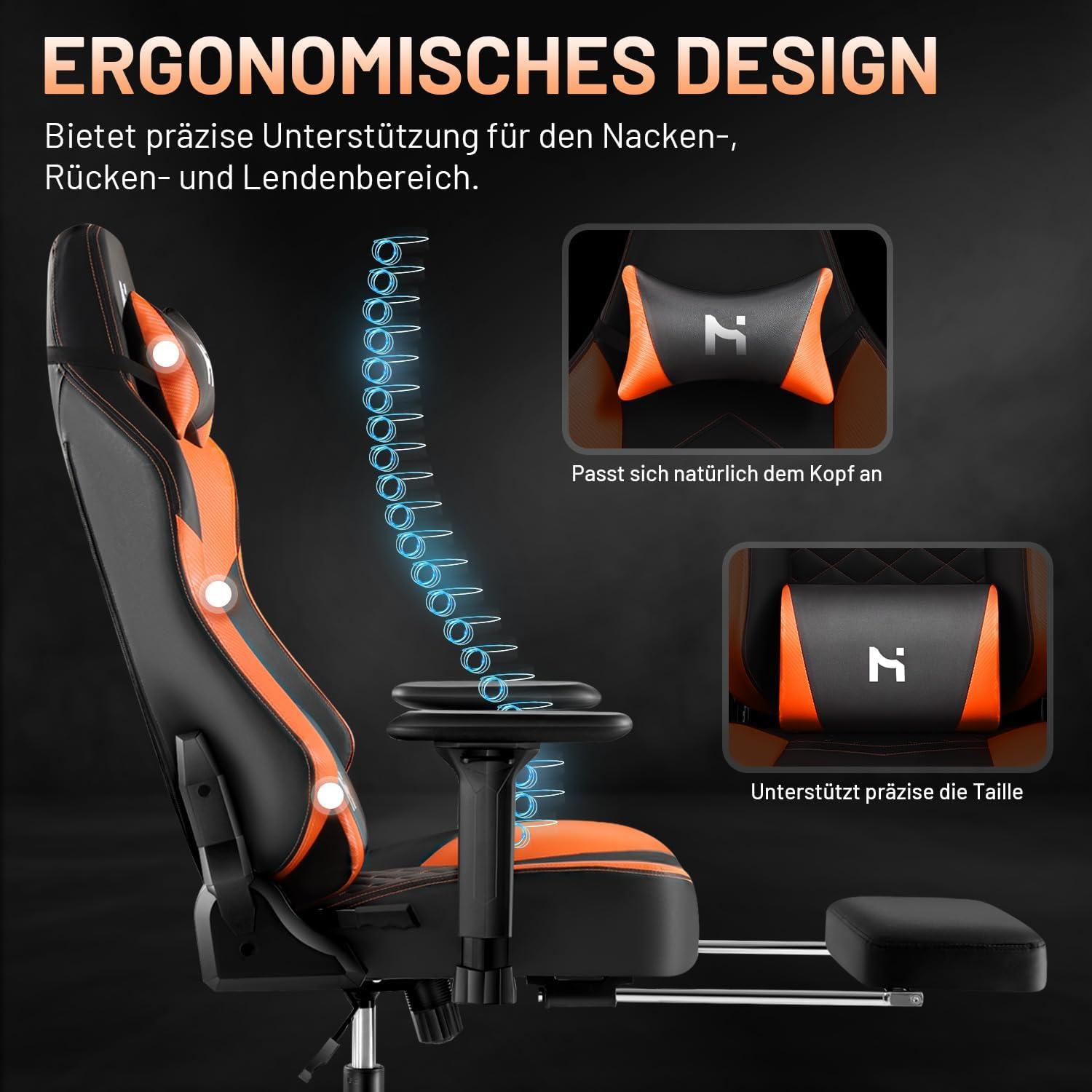 Ergonomischer Gaming Stuhl mit verstellbarer Rückenlehne und Armlehnen, Orange/Schwarz