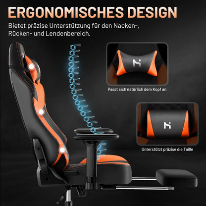 Ergonomischer Gaming Stuhl mit verstellbarer Rückenlehne und Armlehnen, Orange/Schwarz