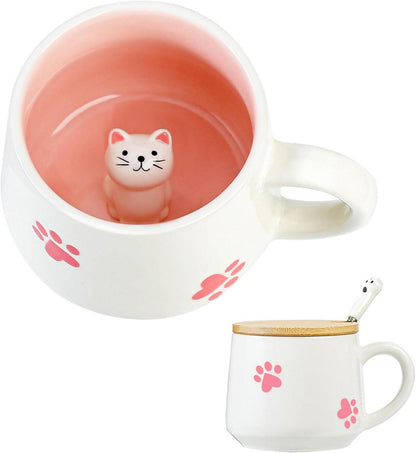 Süße Katze Keramik Kaffeetasse Teetasse Deckel Löffel 3D Tasse