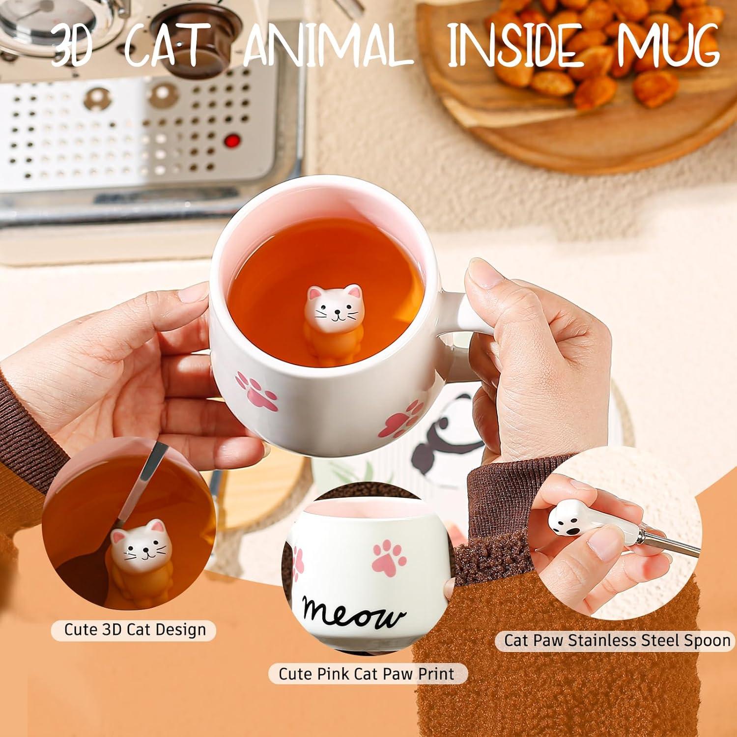 Süße Katze Kaffeetasse Teetasse mit Deckel Löffel 3D Tasse Frauen Geschenk
