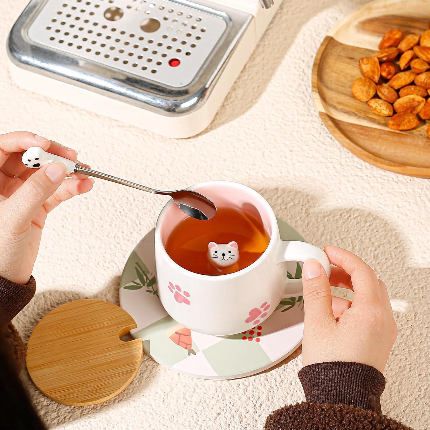 Süße Katze Keramik Kaffeetasse mit Deckel und Löffel