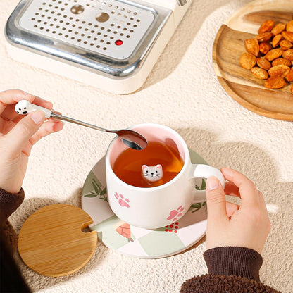 Süße Katze Keramik Kaffeetasse mit Deckel und Löffel