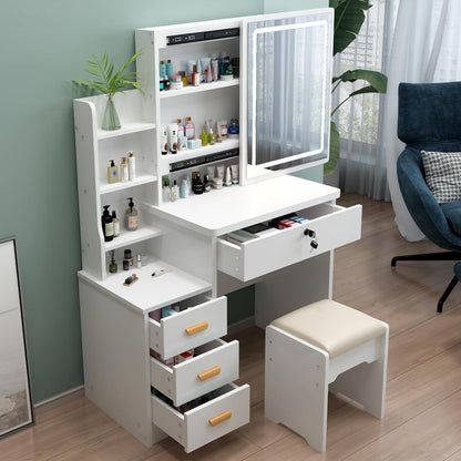 Schminktisch mit LED-Beleuchtung, Stuhl, 3 Schubladen, 5
