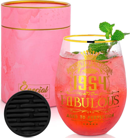 Gin-Glas Geschenk-Set 70. Geburtstag Frauen 1954, Weingläser Golddruck