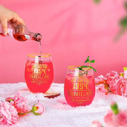 Gin-Glas Geschenk-Set 70. Geburtstag Frauen 1954, Weingläser Golddruck