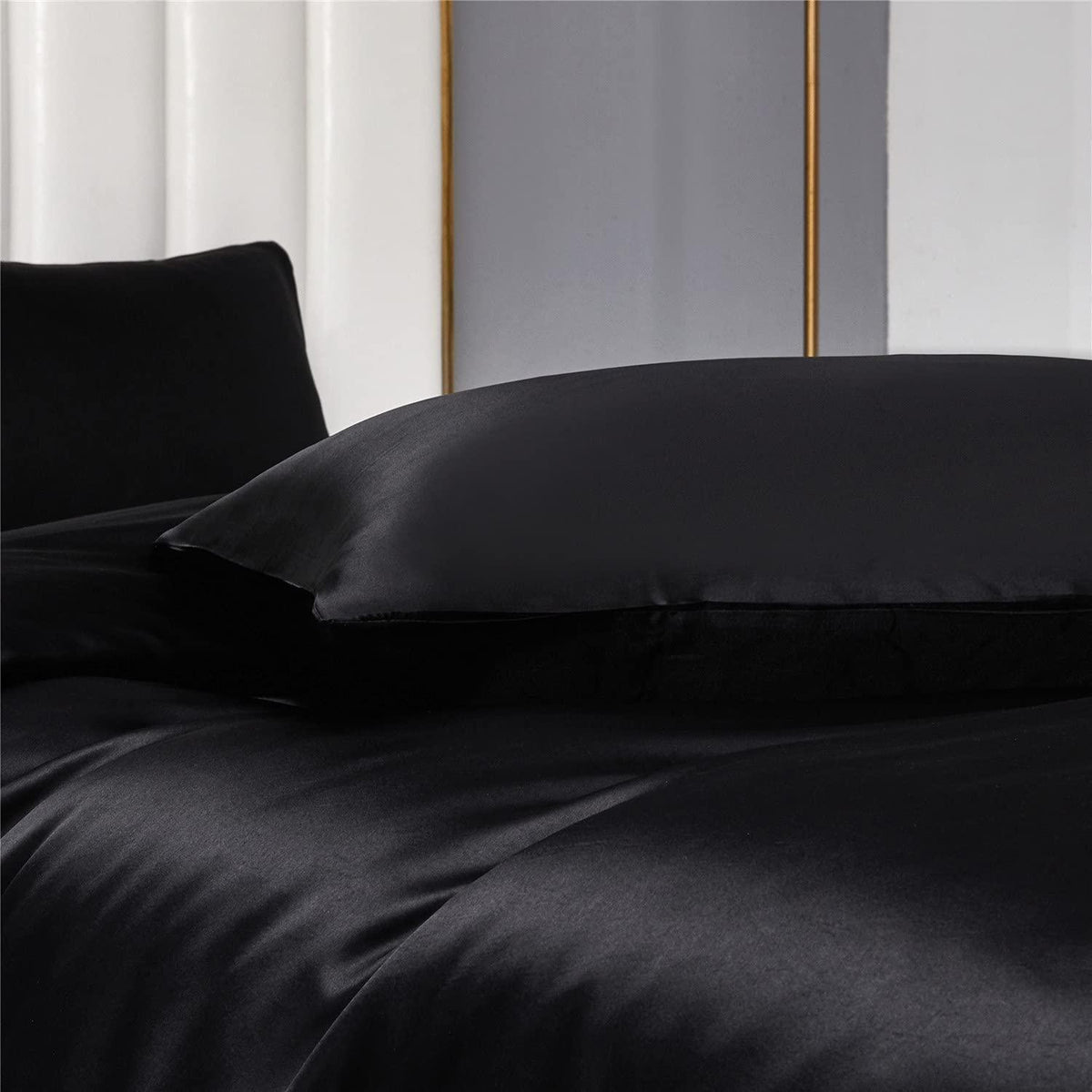 4tlg. Bettwäsche-Set Schwarz 135x200 cm | Satin Glanz